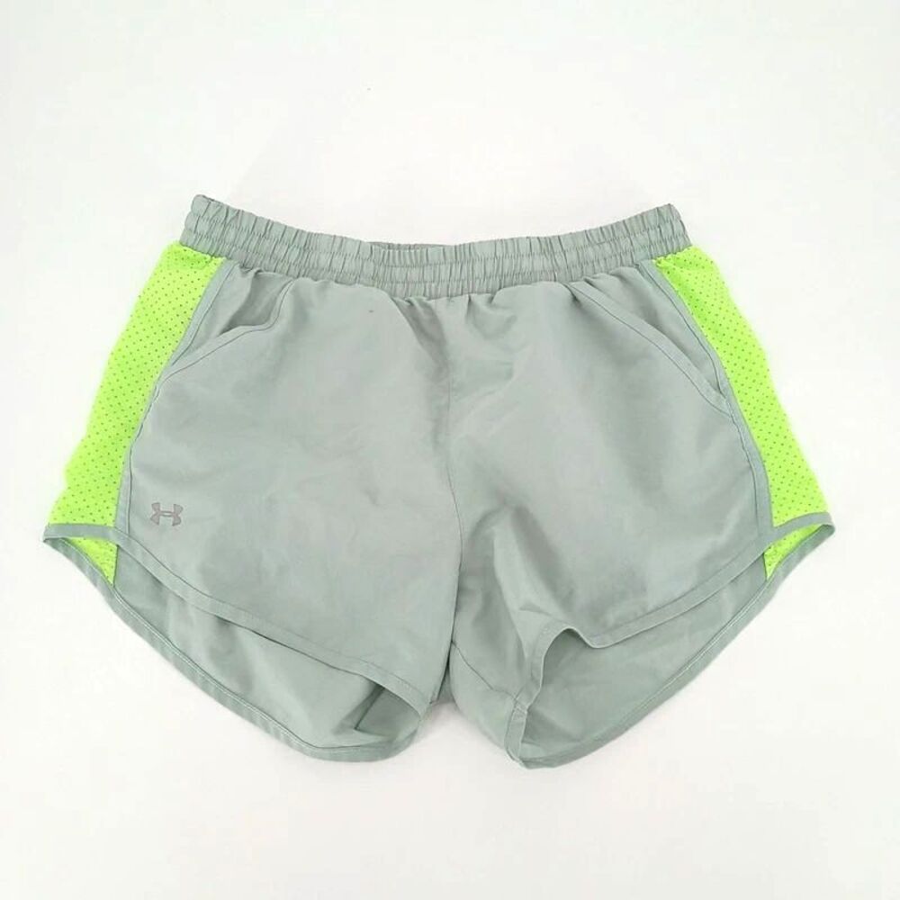 Under Armour Heat Gear Running Shorts Grey & Lime Green Pockets Medium
